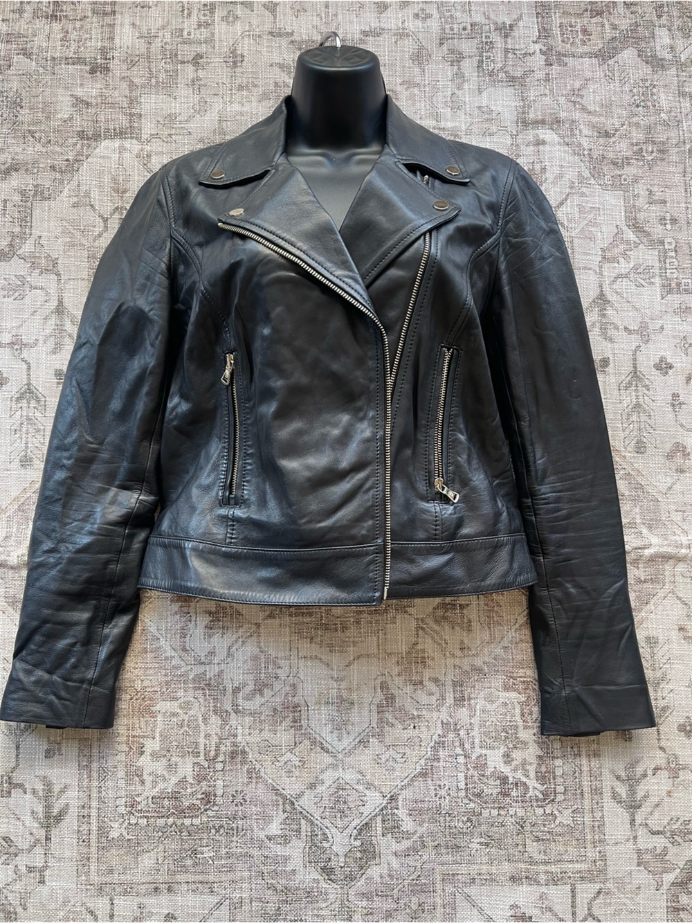 Massimo Dutti Black Natural Leather Moto Biker Jacket